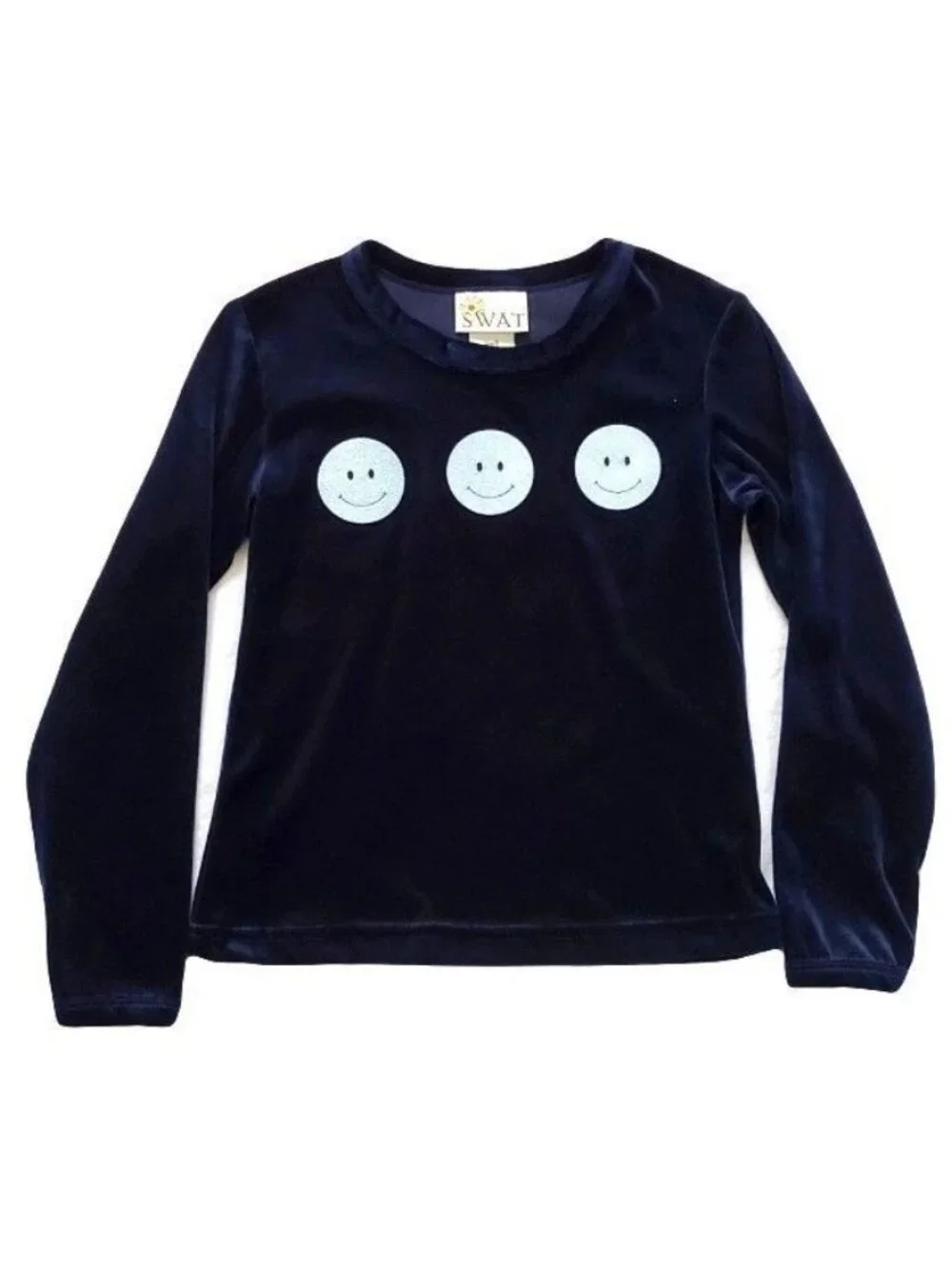 SWAT Brand Kids Girls Glittery Smiley Front Velvet Long Sleeve Blouse Sz Medium - Picture 2 of 9